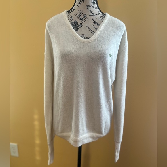 Lacoste Izod Sweater Gator Patch Ivory V Neck Vintage 90s Tennis Preppy Mens L - Picture 3 of 10